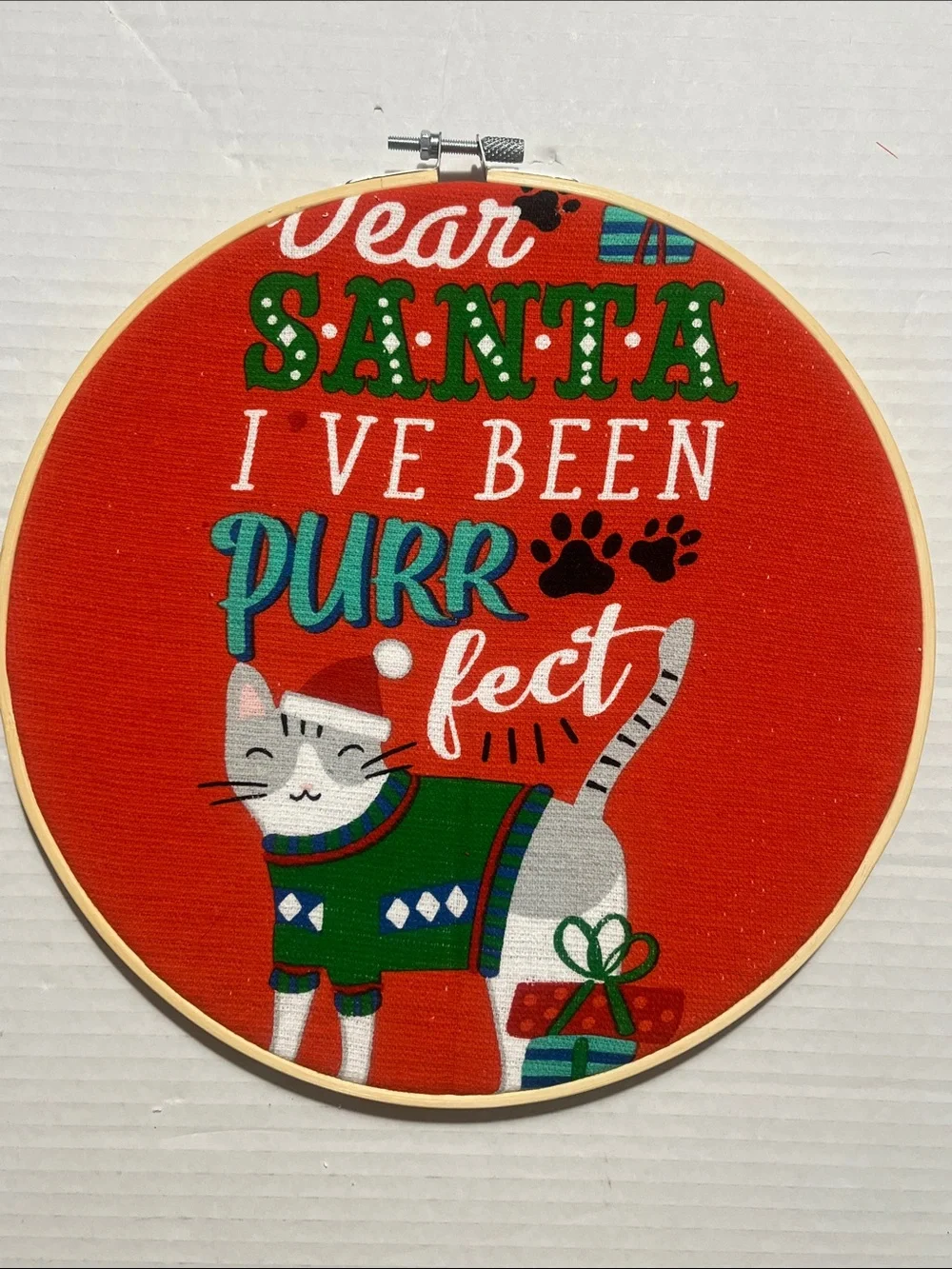 Holiday Cat Hoop Wall Art - Red Hand Crafted